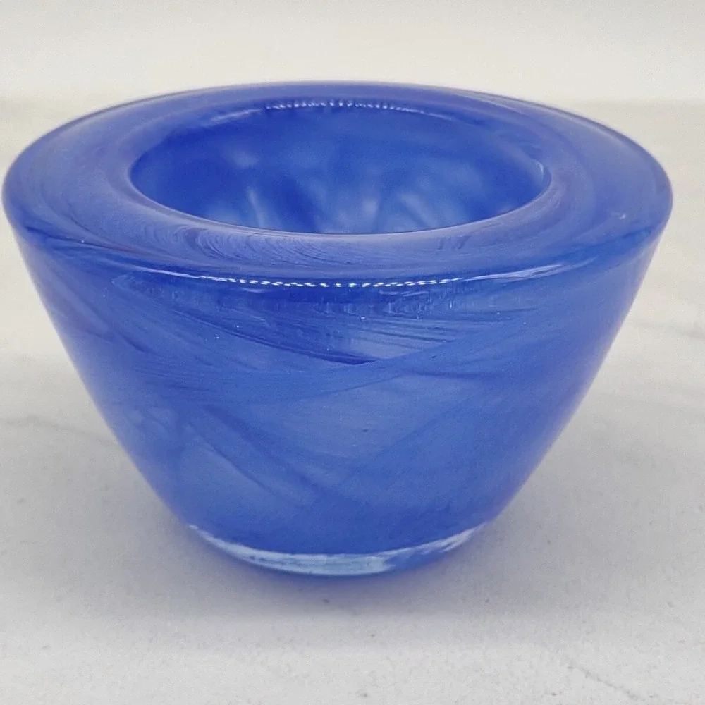 Hand Blown Cobalt Blue Swirl Art Glass Round Votive Candle Holder - Picture 8 of 14